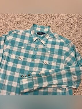Polo Ralph Lauren RRL Western Cowboy Turquoise Long Sleeve Large Pearl Snap